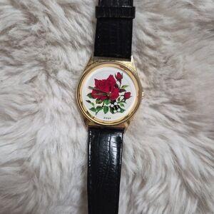 R&R Watch Bee Floral Flowers Rose Red Green White Black Band Leather Romantic ✨️